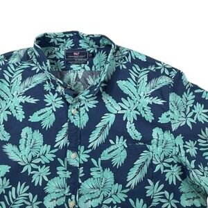 Vineyard Vines Mens Slim Fit Murray Shirt XL Navy Mint Green Tropical Palm Leaf